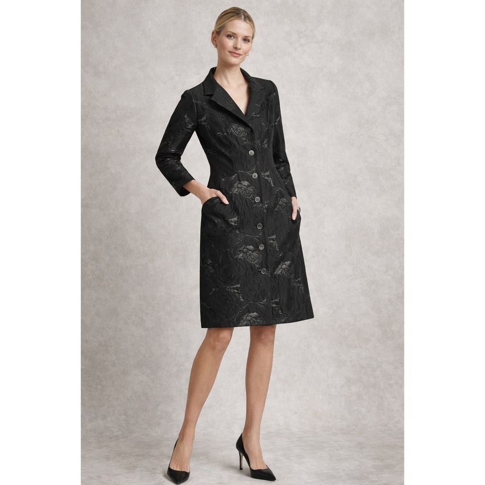 Teri Jon Rickie Freeman Black Floral Jacquard Metallic Coat Dress Size 14